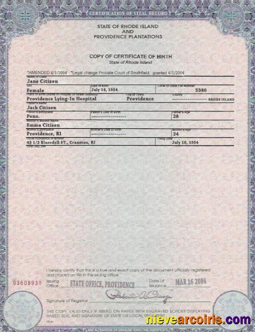USA Rhode Island state birth certificate
